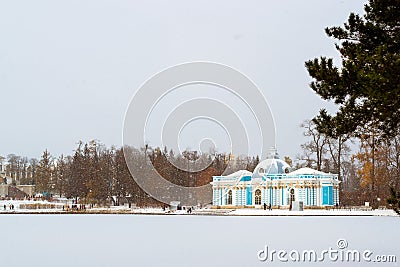 Grotto Pavilion on pond, snowfall, Tsarskoye Selo Stock Photo