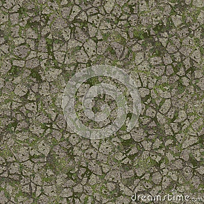 Ground of cobbles and pebbles with grass and moss between the stones. Seamless surface Stock Photo