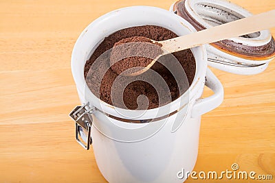 Ground Coffee in a Ceramic Canister Stock Photo