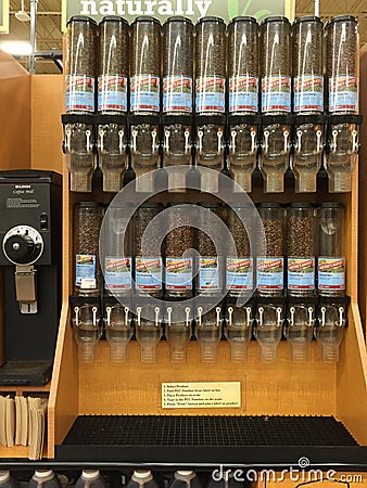 Ground coffee in dispenser selling Editorial Stock Photo
