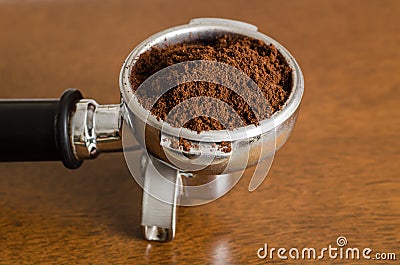 Ground coffee in a portafilter Stock Photo