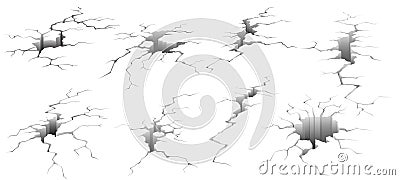 Ground cracks. Earthquake crack, hole effect and cracked surface isolated vector illustration set Vector Illustration