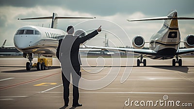 ground crew marshal signaling a private jet while taking off from the airport Stock Photo