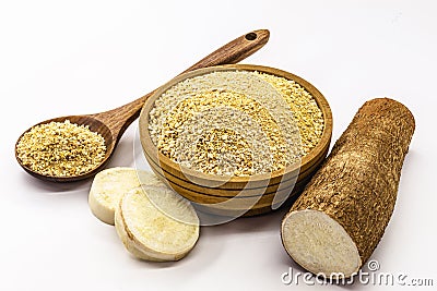 Ground flour and toasted Brazilian cassava, called polvilho, cassava starch, carimÃ£ or gum, starch, castelinha or uaipi, maniva Stock Photo