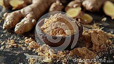 Ground ginger on a plate. Selective focus. Stock Photo