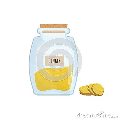 Ground ginger stored in clear jar isolated on white background. Piquant condiment, food spice, cooking ingredient in Vector Illustration