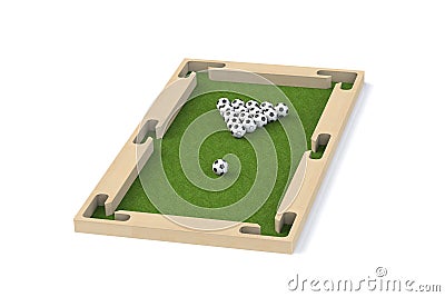 Ground pool snookball game with football balls on green grass reaching goal. 3D rendering, 3D illustration, Cartoon Illustration