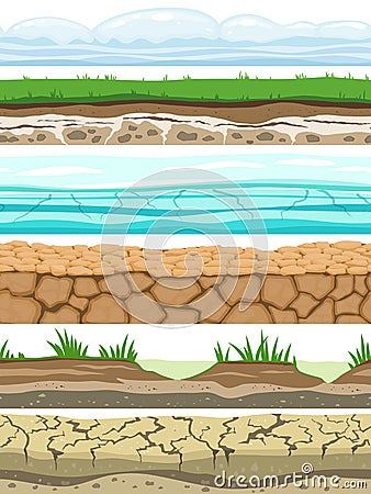 Ground seamless levels. Desert grounded land soil ice grass texture water stone surfaces. Game ui vector Vector Illustration