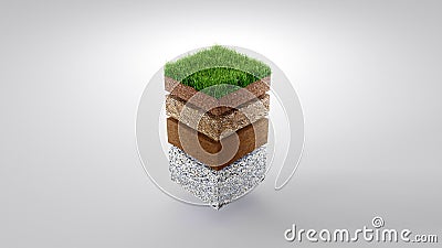 Ground or soil layers. Perspective empty space of green grass square isolated on white background. 3d rendering Cartoon Illustration