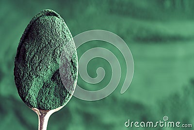 Ground spirulina algae on a metal spoon with copy space Stock Photo