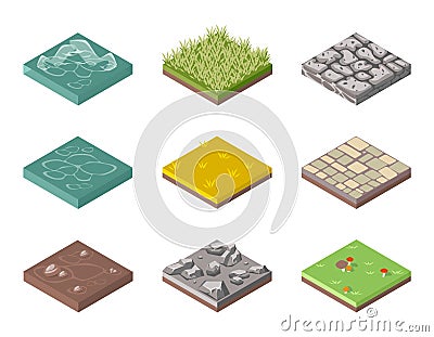 Ground surfaces. Grass, rocks and water Vector Illustration