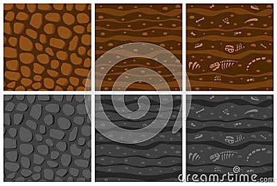 Ground texture. Dirt and stones. Cartoon earth. Game floor. Brown land. Gray soil layers with fossil skeleton bones Vector Illustration