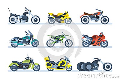 Ground vehicles. Different types of motorcycles: sports, tourist, classic, off-road. Vector Illustration