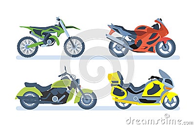 Ground vehicles. Different types of motorcycles: sports, tourist, classic, off-road. Vector Illustration