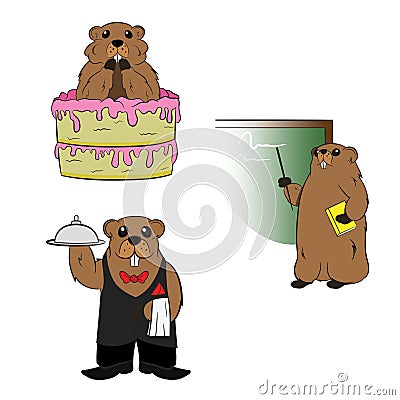 Anthropomorphized Groundhog character dressed as a Waiter Butler and Teacher eating cake Vector Illustration