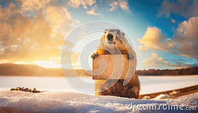 Groundhog day concept with a marmot stands on a snow heap against winter sunset background holding an old wooden banner with copy Stock Photo