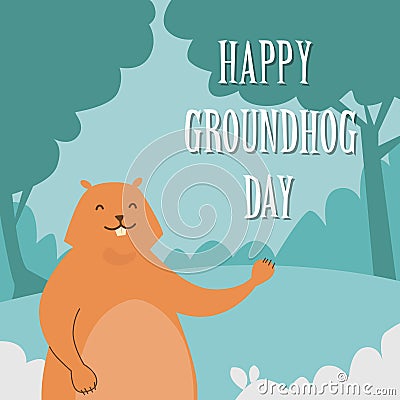 Groundhog Day Happy Animal Waving Paw Greeting Card Vector Illustration