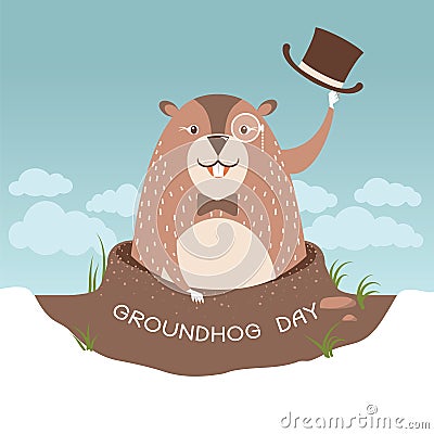 Groundhog day illustration with happy marmot in a hat Vector Illustration