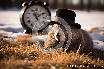 Groundhog day symbolism shadow watching, onlookers, clocks, season signs, weather elements Stock Photo