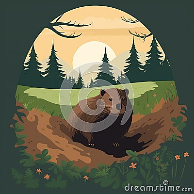 Groundhog emerging from its burrow, looking for its shadow Stock Photo