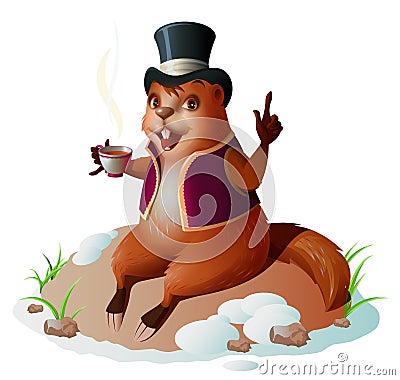 Groundhog forecaster climbed out of hole, sitting and drinking coffee. Groundhog Day Vector Illustration