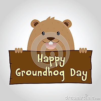 Groundhog Holding a Wooden Sign Vector Illustration