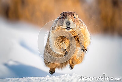 Groundhog runs in the snow. Groundhog Day. Stock Photo