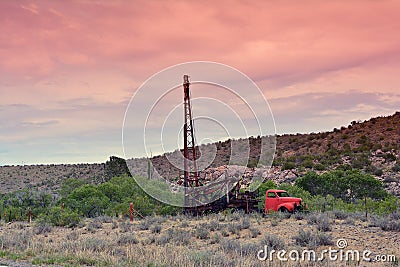 Groundwater hole drilling machine in Arizona. Stock Photo