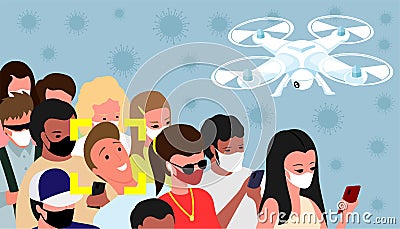 Group of masked people and a drone above them. Vector Illustration