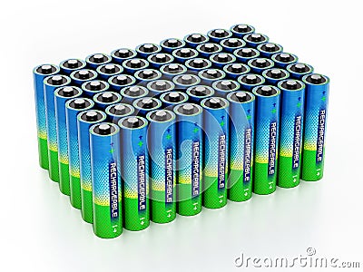 Group of AA sized rechargeable batteries isolated on white background. 3D illustration Cartoon Illustration