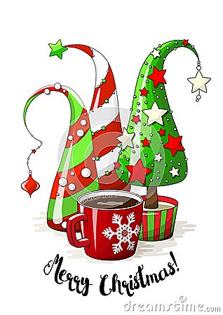 Group of abstract christmas trees and coffee cup, holiday motive, illustration Vector Illustration