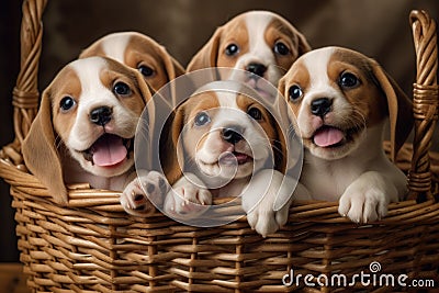 Group of Adorable Beagle Puppies Sitting in a Basket, Generative AI Stock Photo