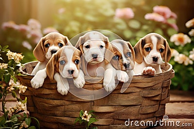 Group of Adorable Beagle Puppies Sitting in a Basket, Generative AI Stock Photo