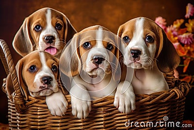 Group of Adorable Beagle Puppies Sitting in a Basket, Generative AI Stock Photo