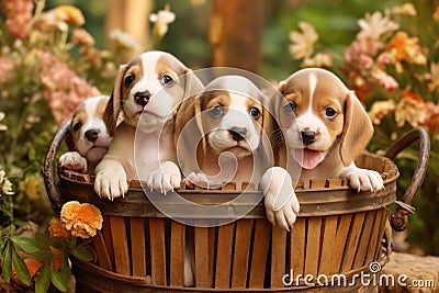 Group of Adorable Beagle Puppies Sitting in a Basket, Generative AI Stock Photo