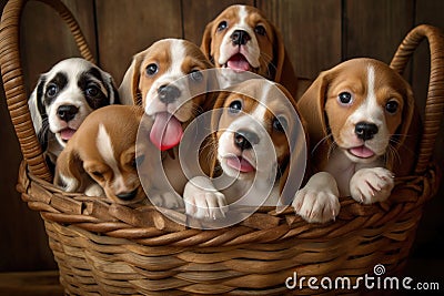 Group of Adorable Beagle Puppies Sitting in a Basket, Generative AI Stock Photo