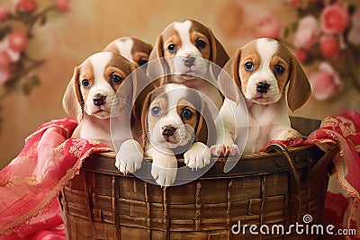 Group of Adorable Beagle Puppies Sitting in a Basket, Generative AI Stock Photo