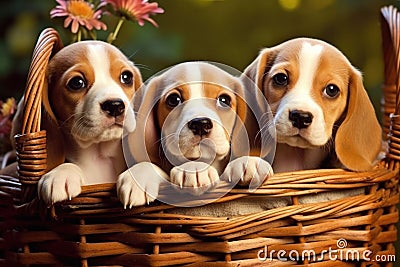 Group of Adorable Beagle Puppies Sitting in a Basket, Generative AI Stock Photo