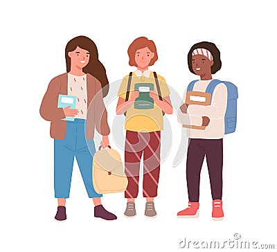 Group of adorable diverse classmates girls standing together vector flat illustration. Happy female pupils friends Vector Illustration