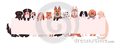 Group of adorable dogs of different breeds holding empty banner with place for text. Amusing domestic animals or pets Vector Illustration