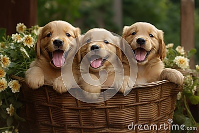 Group of Adorable Golden Retriever Puppies Sitting in a Basket, Generative AI Stock Photo