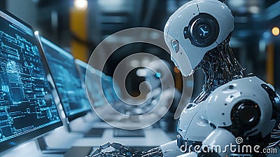 AI Robots Working on Computers in Futuristic Control Center Stock Photo