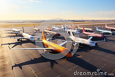 A group of airplanes are parked on the airport tarmac Stock Photo
