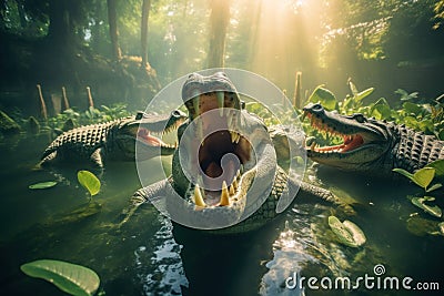 A group of alligators in a body of water. Generative AI image. Stock Photo