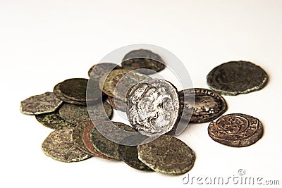 Group of ancient greek coins on white Stock Photo