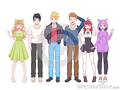 Group anime characters. Manga girls and boys, kawaii asian teens in casual japanese or korean cosplay clothes. Smiling Vector Illustration