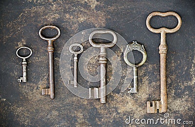 Group of antique keys, teamwork, cooperation concept Stock Photo