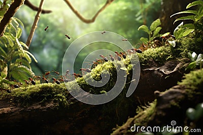 A group of ants makes their way through the abundant foliage of a vibrant, verdant forest, Ants following a pheromone trail in a Stock Photo