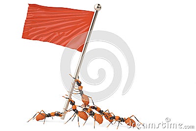 A group of ants with red flag.3D illustration. Cartoon Illustration