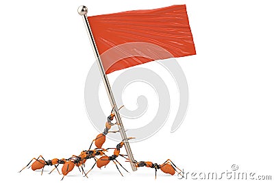 A group of ants with red flag.3D illustration. Cartoon Illustration